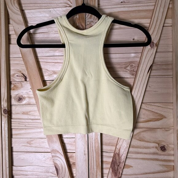 Large, Pale Yellow, Ribbed, Racerback Crop Tank Top - Picture 2 of 6